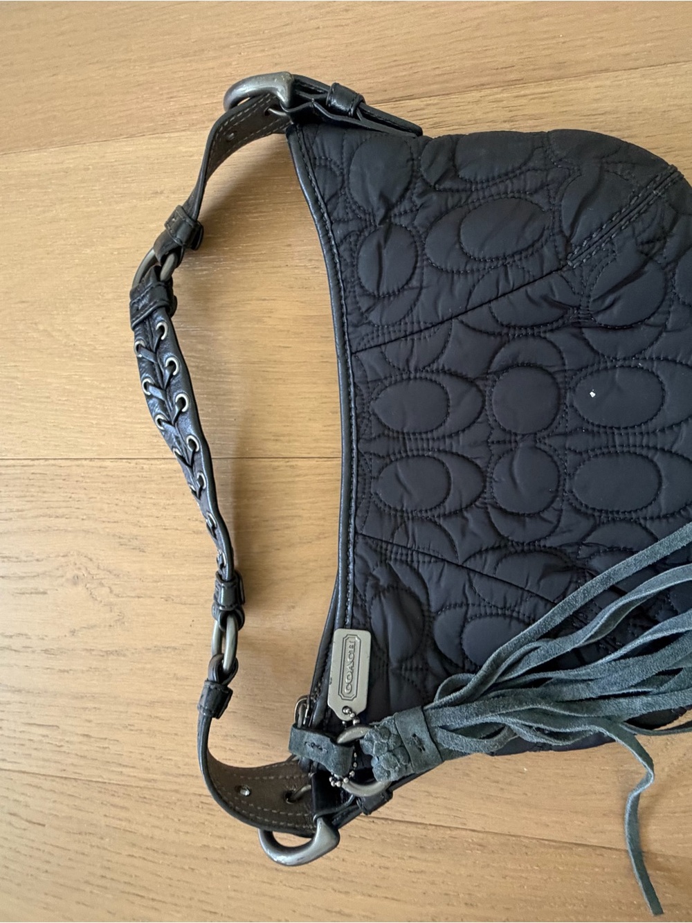 Coach Black Quilted Hobo Bag with Fringe Accent